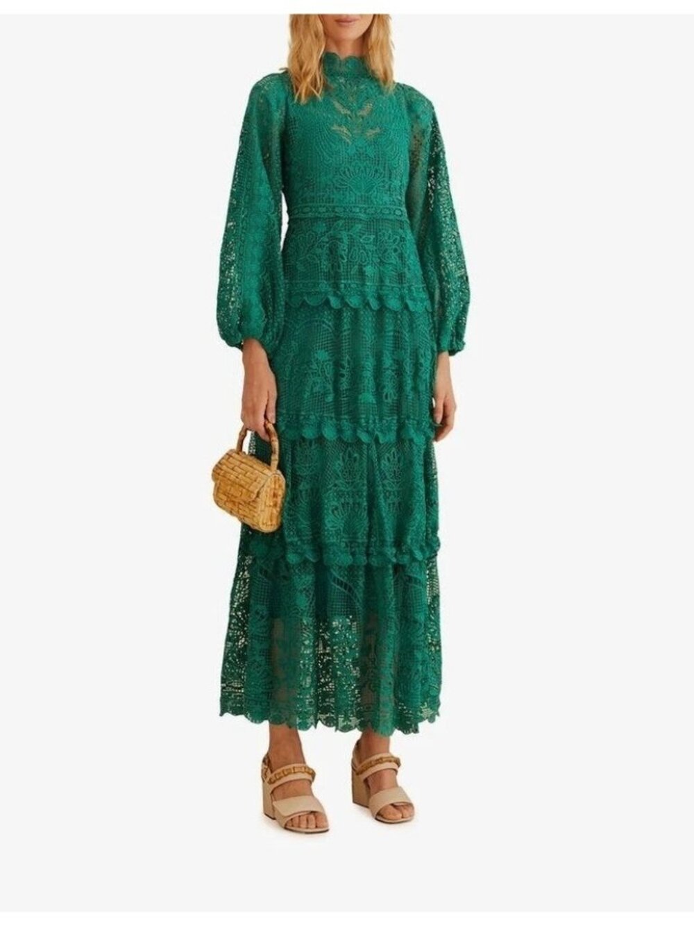 Farm Rio M Dark Guipure Lace Emerald Green Long Sleeve Maxi Dress